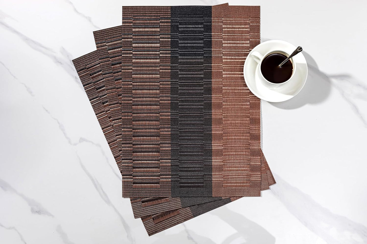 LEXMORE Placemats Set of 4 Vinyl/Plastic Woven Place Mats for Kitchen Table Indoor/Outdoor Washable Placemat Wipeable Dining Table Mats(Ombre Brown Black)