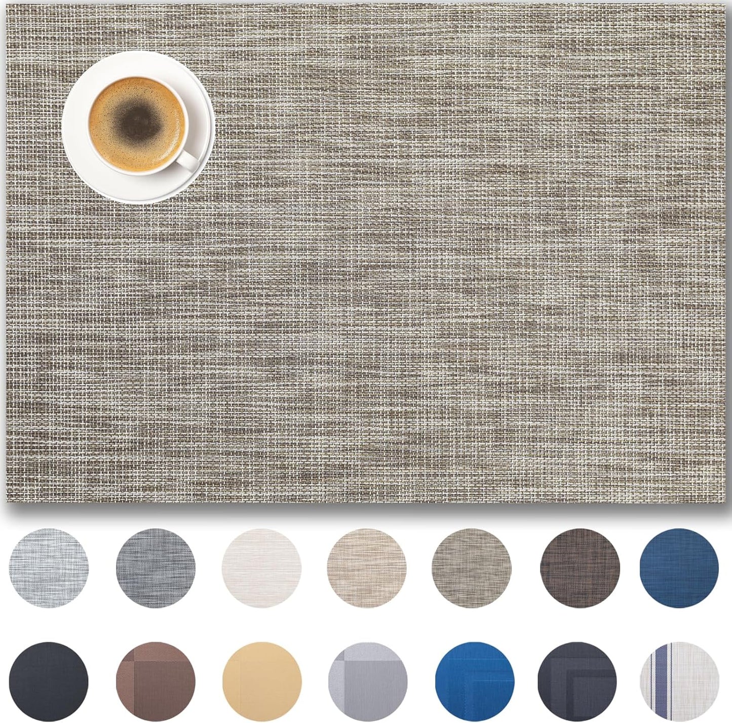Placemats Set of 4 - Easy Clean Woven Vinyl Placemats for Dining Table, Indoor/Outdoor Place Mats, Washable PVC Table Mats（Cappuccino）
