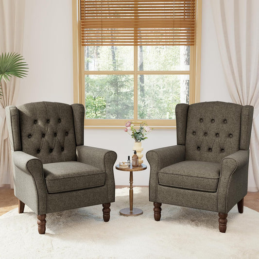 Lumibee High Back Accent Chair Set of 2,Upholstered Wingback Armchair with Solid Wood Legs for Small Spaces,Comfy Single Sofa Chair for Living Room,Bedroom,Office-Taupe