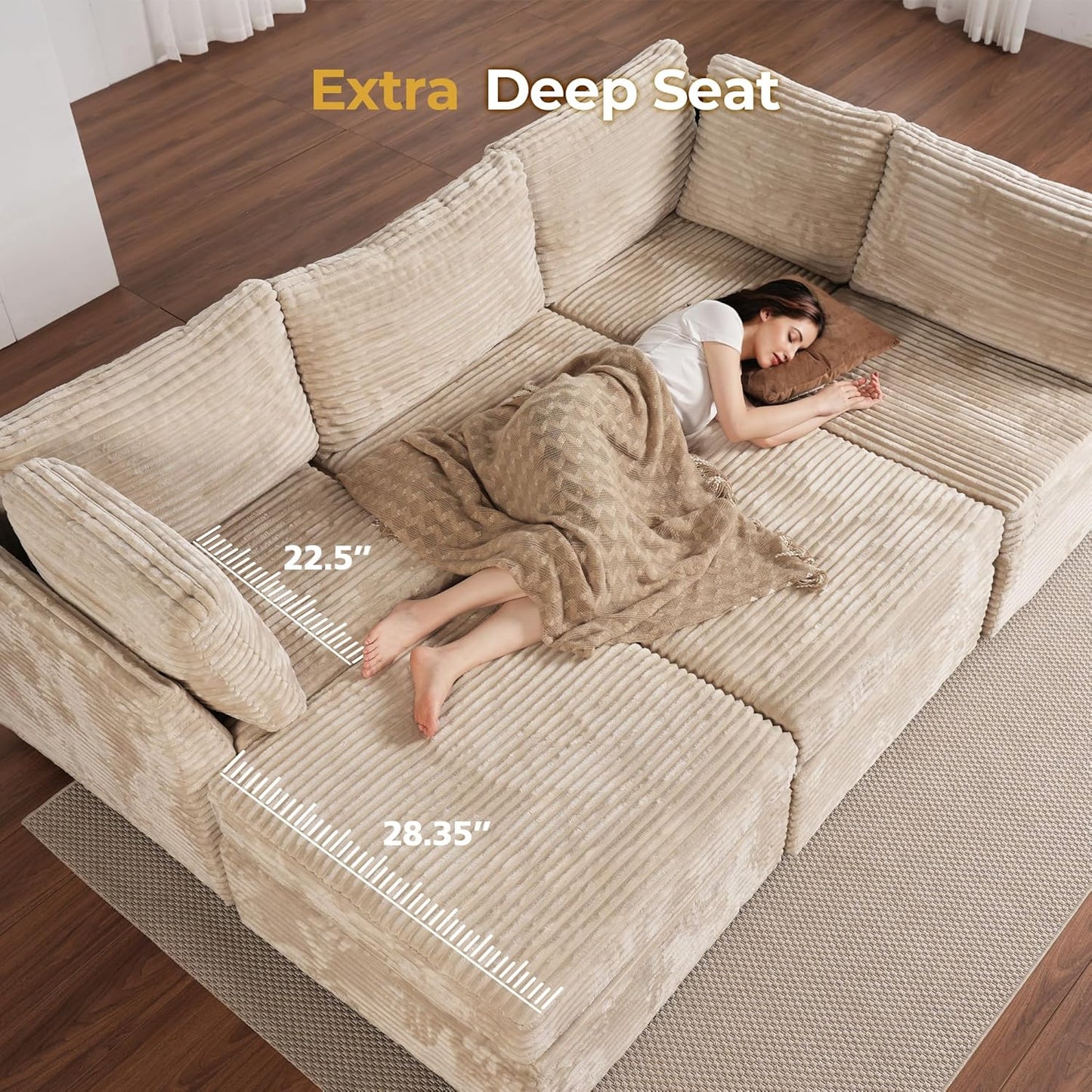 HOOOWOOO Modular Sectional Sofa,6 Pieces Sectional Couches for Living Room,131X66 L Shaped Cloud Couch with Ottoman Chaise Set(Beige Velvet Corduroy)