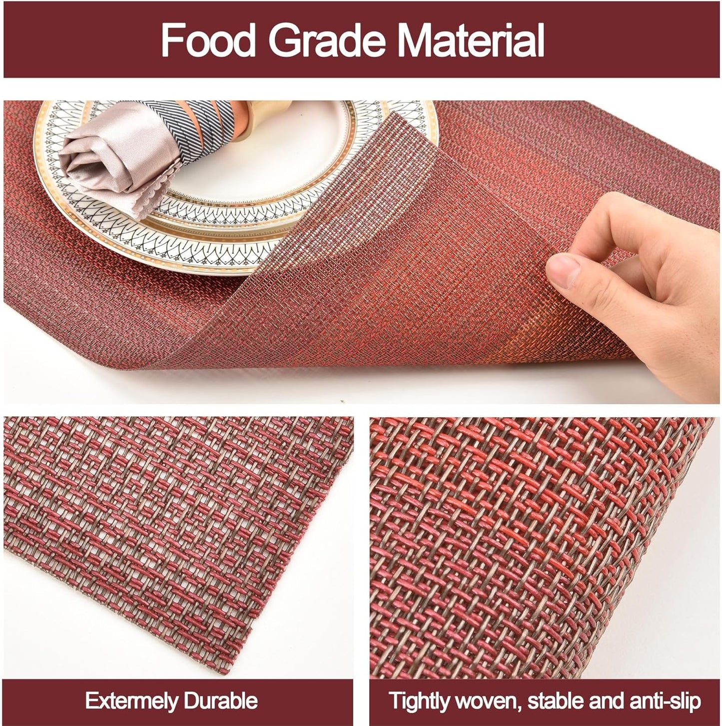 Placemats Set of 8 - Easy Clean Washable Vinyl Placemats - Wipeable Heat Resistant Table Mats for Dining Table - 17.7x11.8 Inch (8, Red Gradient)