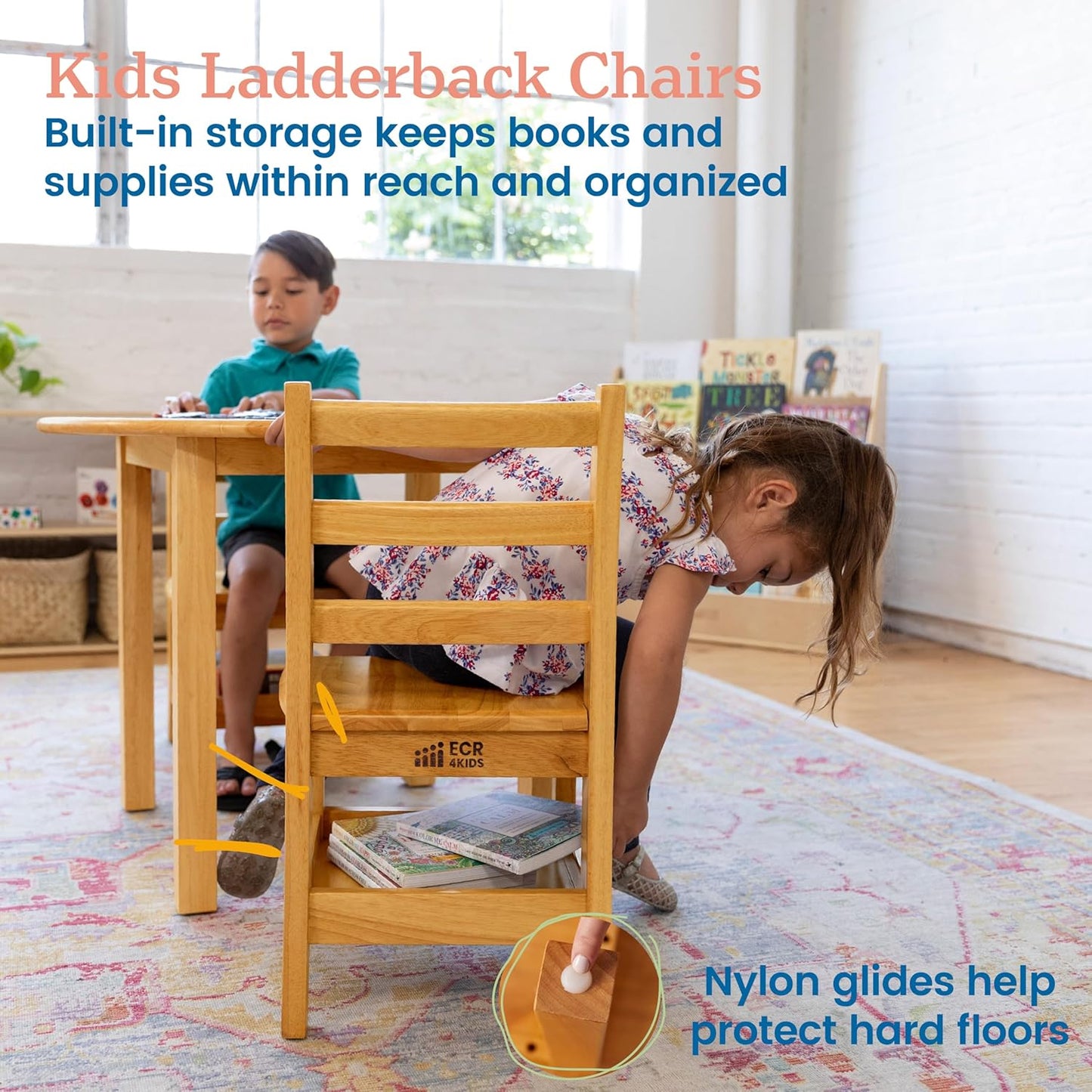 ECR4Kids Three Rung Ladderback Chair with Storage, 12in Seat Height, Classroom Seating, Honey, 2-Pack