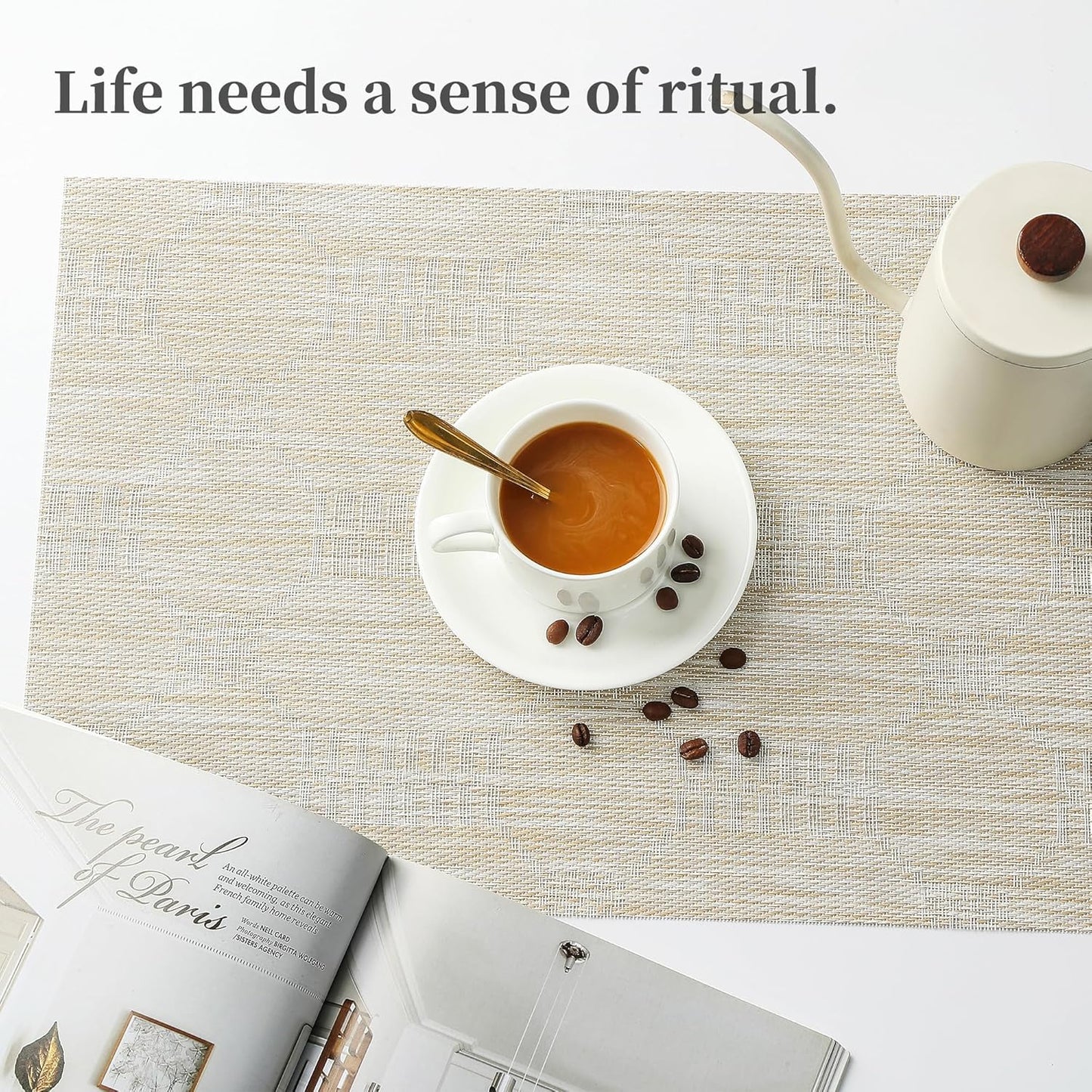 Leetaltree Wheat Placemats Set of 8 - Heat Resistant Non-Slip Place mats for Dining Table, Washable Durable PVC Vinyl Woven Table Mats（Wheat, 8）