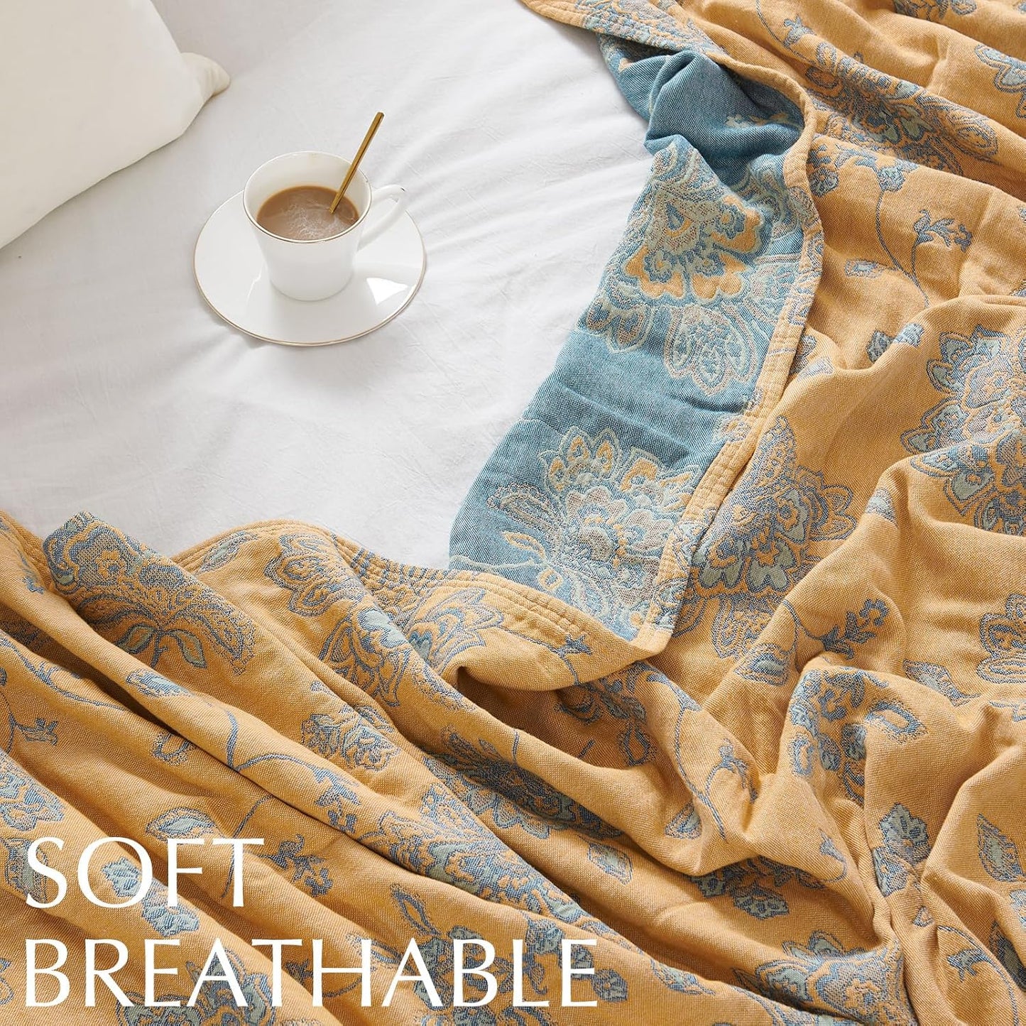 jinchan Boho 100% Cotton Muslin Queen Size 80x90 Inches Blanket Lightweight 4-Layer Quilted Soft Yellow and Blue Floral Throw Blanket Reversible Comfy Flower Rustic All Seasons Couch Bedroom Decor