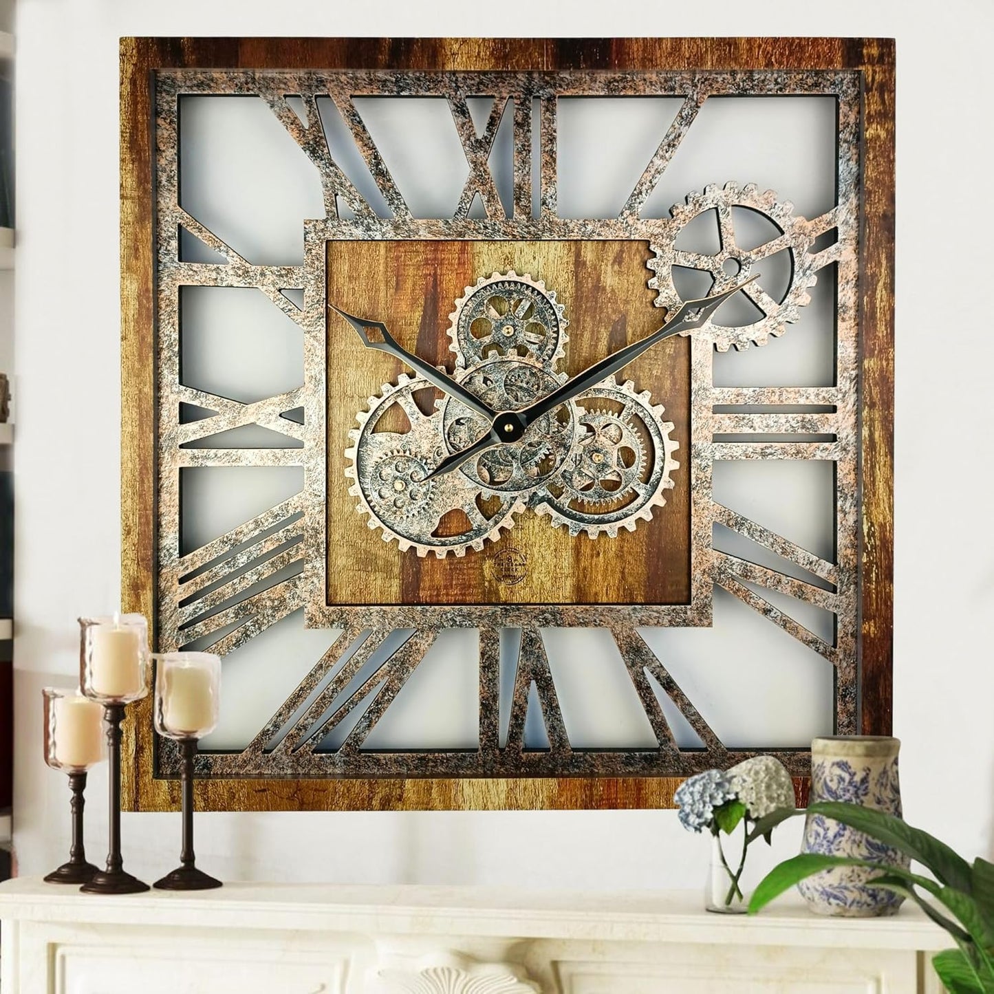 The Gears Clock 24'' Inch Square Real Moving Gear Wall Clock Vintage Industrial Oversized Rustic Farmhouse (Vintage Brown)