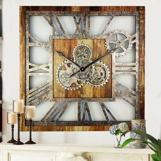 The Gears Clock 24'' Inch Square Real Moving Gear Wall Clock Vintage Industrial Oversized Rustic Farmhouse (Vintage Brown)