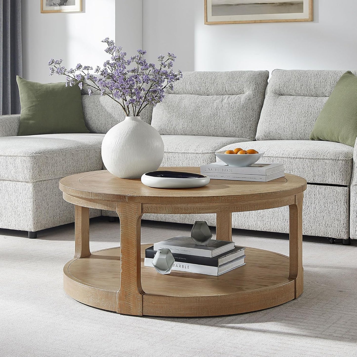 WILLIAMSPACE 40" Round Coffee Table with Wheels, Circle 2 Tier Solid Wood Center Coffee Table, Mid Century Retro Farmhouse Rounded End Table for Living Room Apartment, ø40 x 17.52" H (Light Brown)