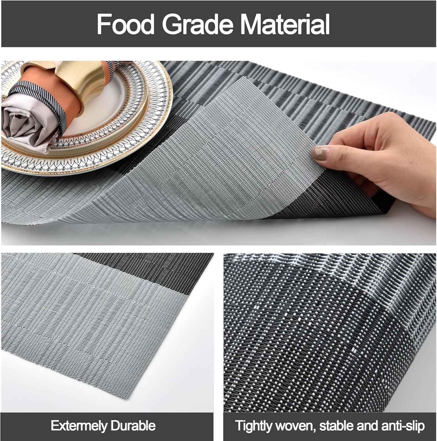 Placemats Set of 8 - Easy Clean Washable Vinyl Placemats - Heat Resistant Placemats for Kitchen Table - PVC Table Mats for Dining Table (Black and Gray, 8)