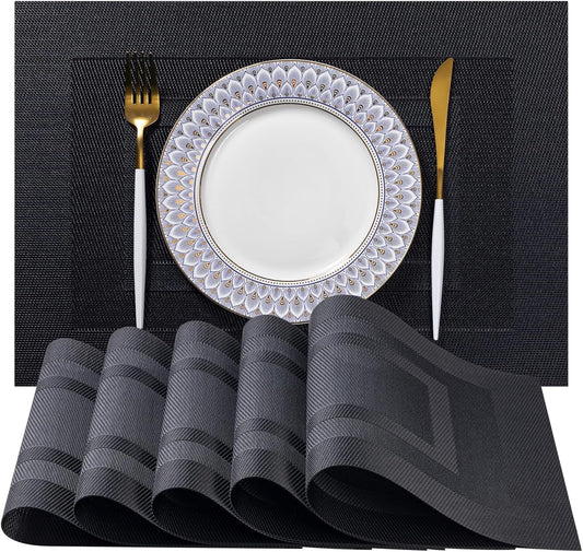 LEXMORE Placemats Set of 12 Vinyl/Plastic Woven Place Mats for Kitchen Table Indoor/Outdoor Washable Placemat Wipeable Dining Table Mats(G-Black Cube)