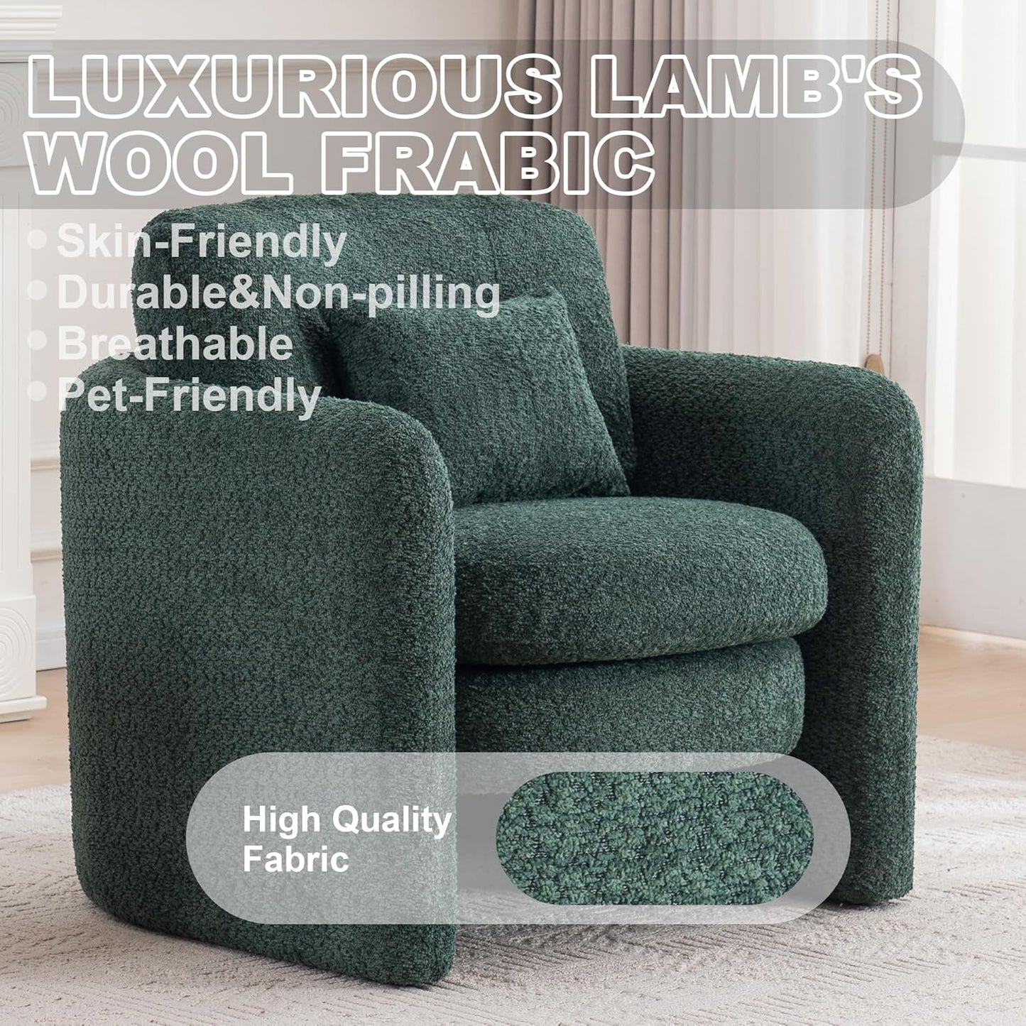 Chenille Accent Armchair Oversize Upholstered Barrel Comfy Modern Round Lounge Chair with Pillow Cozy Reading Chairs for Apartment,Office,Living Room,Dining,Makeup,Club,Green