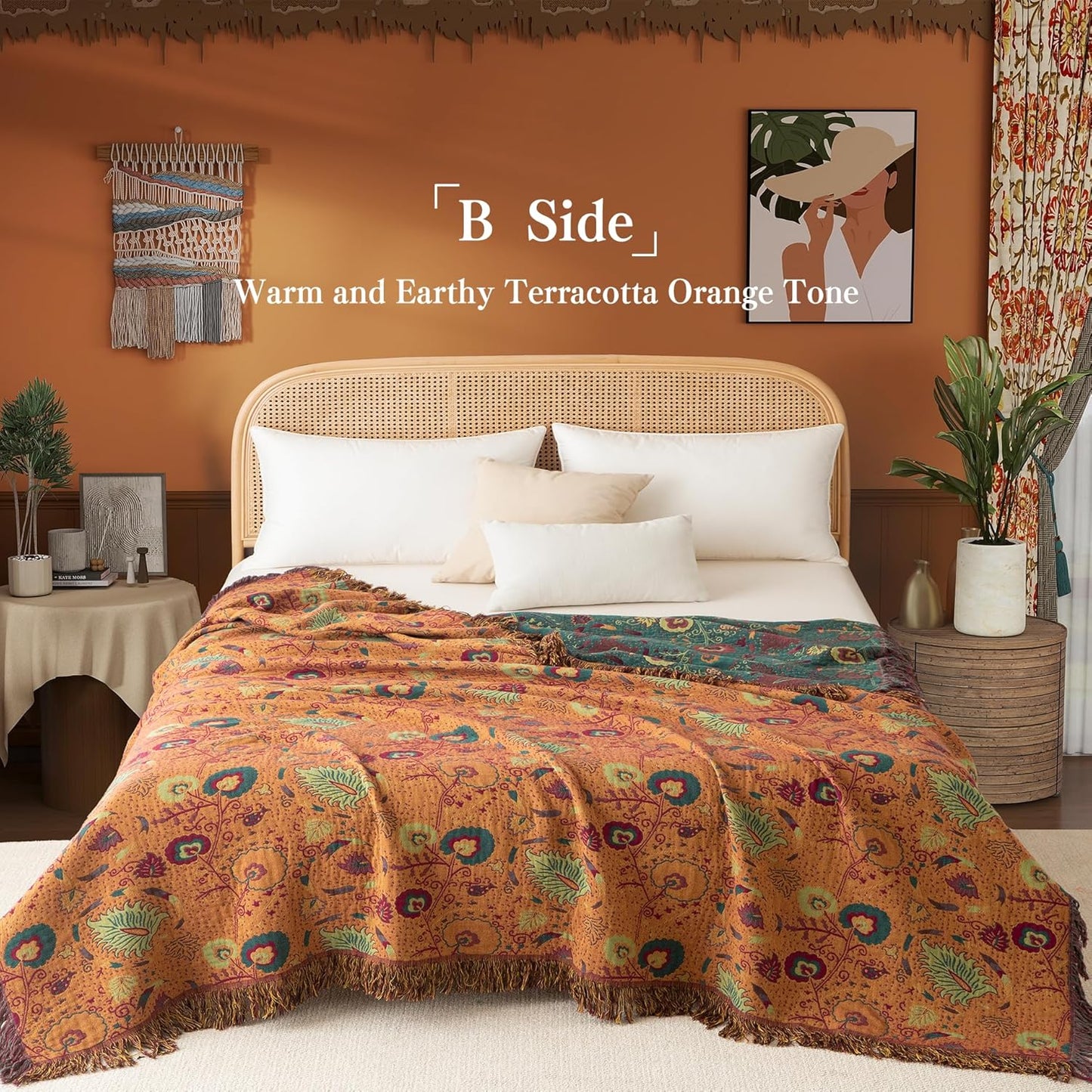 Boho Throw Blanket Full Size, Extra Large Soft Cozy Cotton Muslin Quilt Blanket for Bed Decor, Floral Patterned Couch Sofa Chair Cover, Vintage Farmhouse Cottage Woven Blanket, Green&Orange