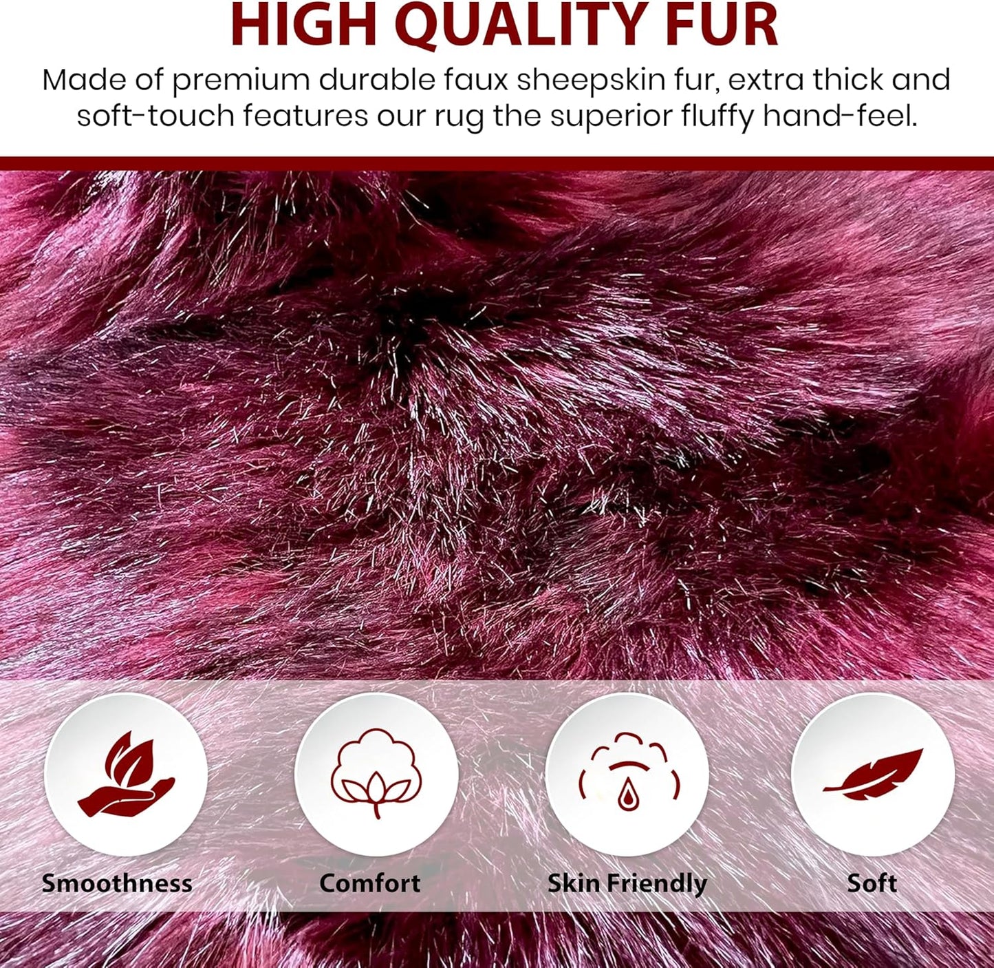 LAMBZY Faux Sheepskin Super Soft Hypoallergenic Free Shape Silky Shag Rug, Luxury Shaggy Plush Carpet for Bedrooms Living Kids Room Sofa Rugs (Burgundy, Triple Side by Side 3'x6')