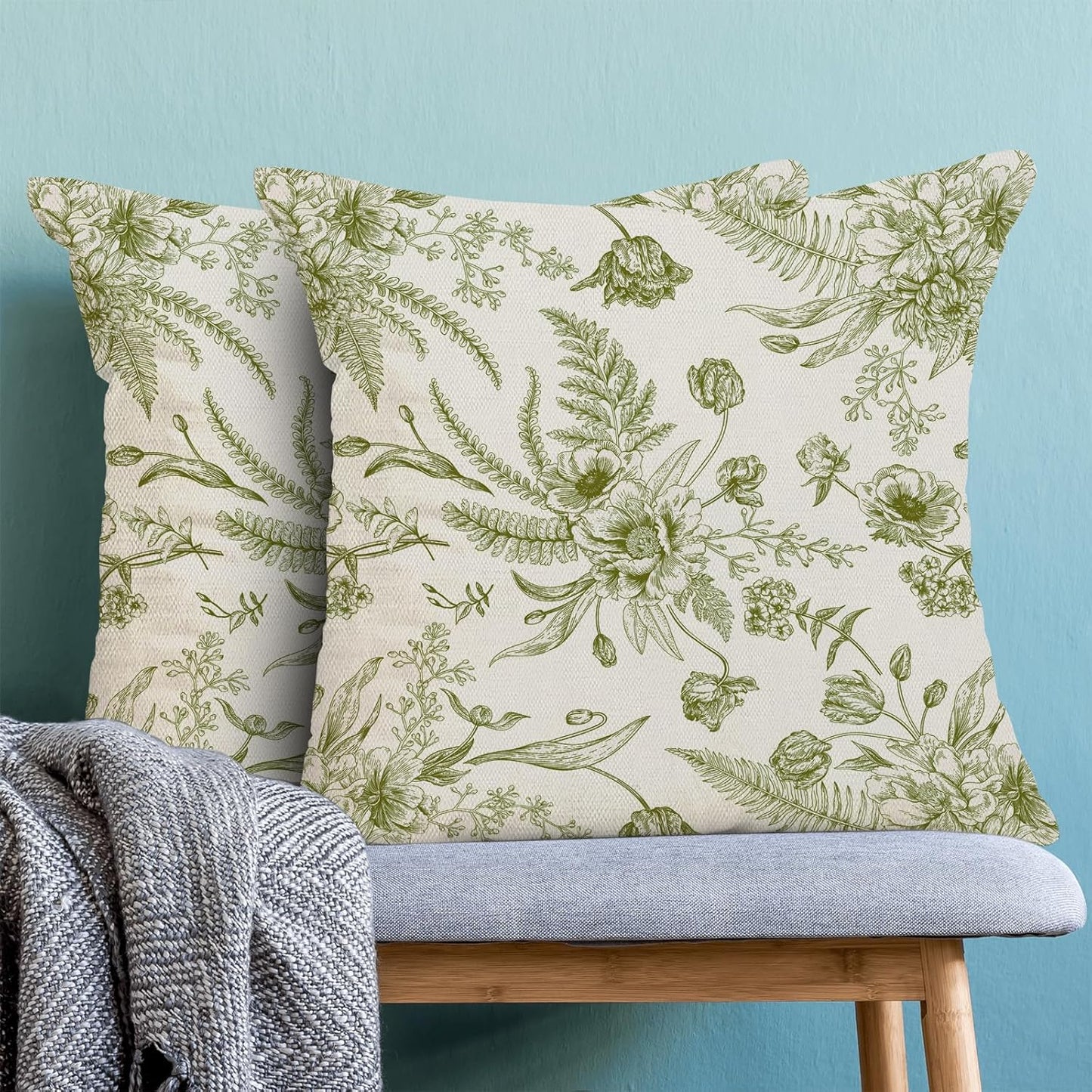 CXMEIFLY Sage Green Spring Pillow Covers 20 x 20 Inch Set of 2 for Chinoiserie Flowers Decor Throw Pillows Floral Leaves Seasonal Plant Outdoor Decorative Cushion Cases for Couch Bed Decorations