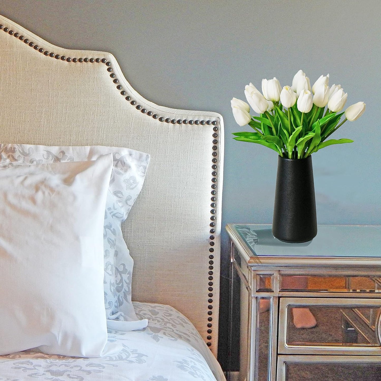 Mandy's Artificial Tulips 28 Stems White PU Faux Flowers for Wedding Home Decor 13.5 Inch