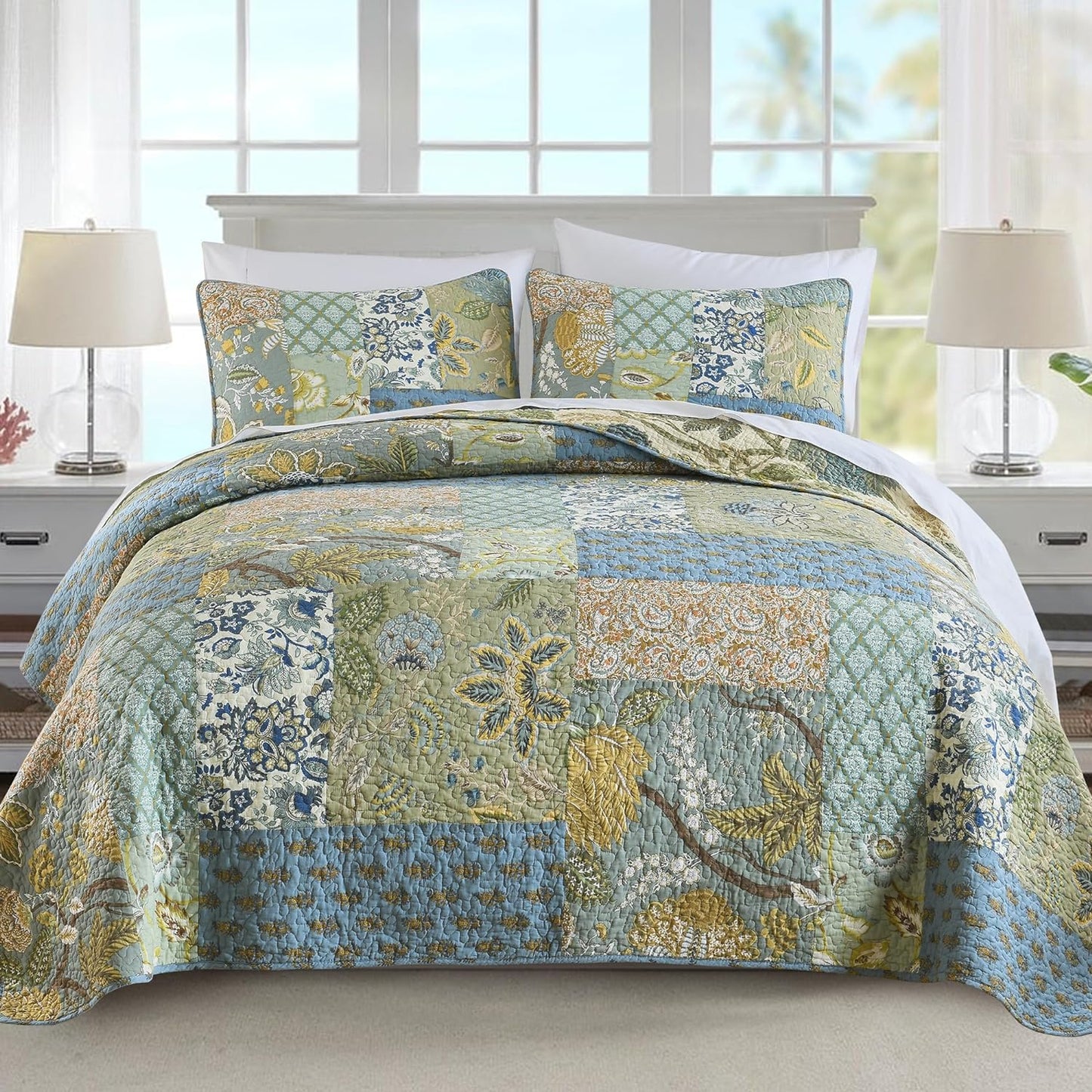 NEWLAKE Quilt Set King Size, 100% Cotton Patchwork Green Bohemian Quilt Sets, Reversible Bedspread Lightweight and Breathable for All Seasons, Soft Quilted Bedspread with 2 Pillow Shams