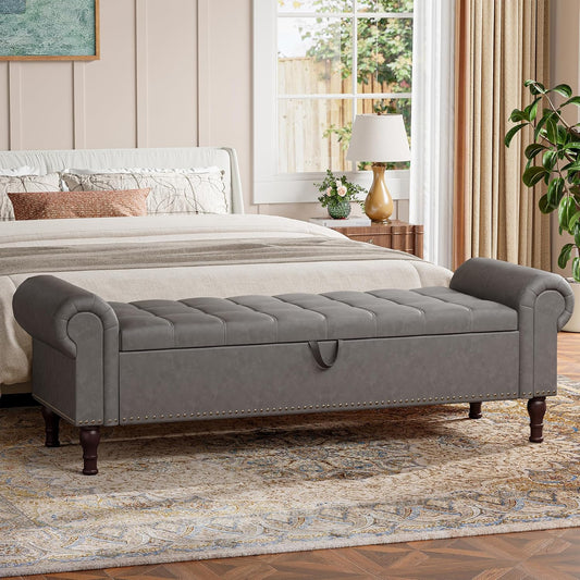 YOUDENOVAn 60”Bench with Storage, Upholstered Tufted Button Window Bench with Plenty Hidden Storage Space,Faux Leather Ottoman Bench for Bedroom, Living Room, Entryway，Grey