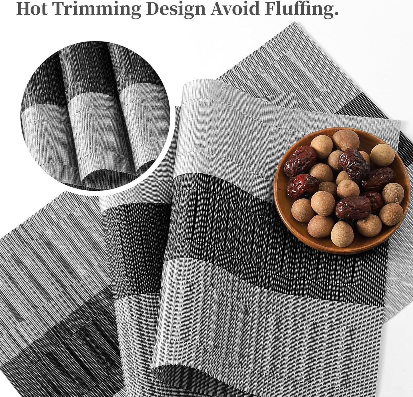 Leetaltree Grey with White Striped Placemats Set of 12 - Heat Resistant Non-Slip Place mats for Dining Table, Washable Durable PVC Vinyl Woven Table Mats（Grey Stripe, 12）