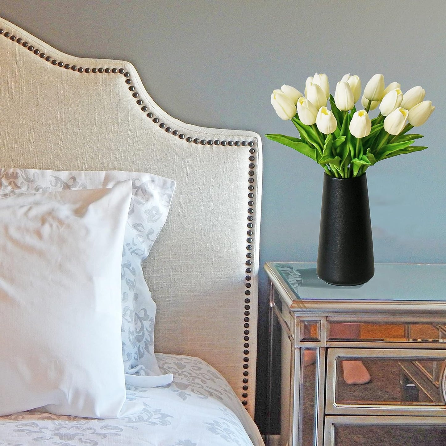 Mandy's Artificial Tulips 20 Stems Cream PU Faux Flowers for Wedding Home Decor 13.5 Inch