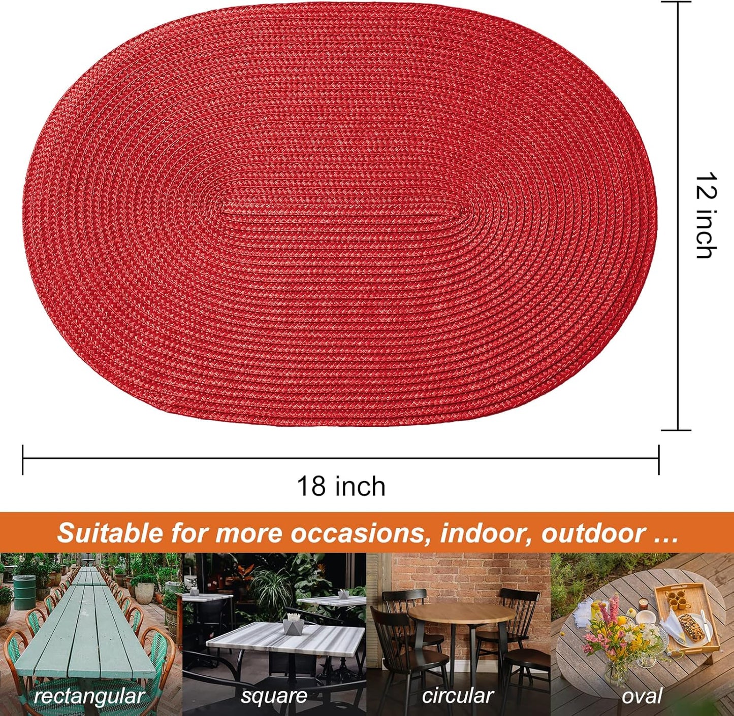 AHHFSMEI Placemats Set of 4 for Dining Table Washable Woven Vinyl Non-Slip 18x12 inches Placemat Heat-Resistant Durable Table Mats for Dining Table Easy to Clean (Oval red, 4)