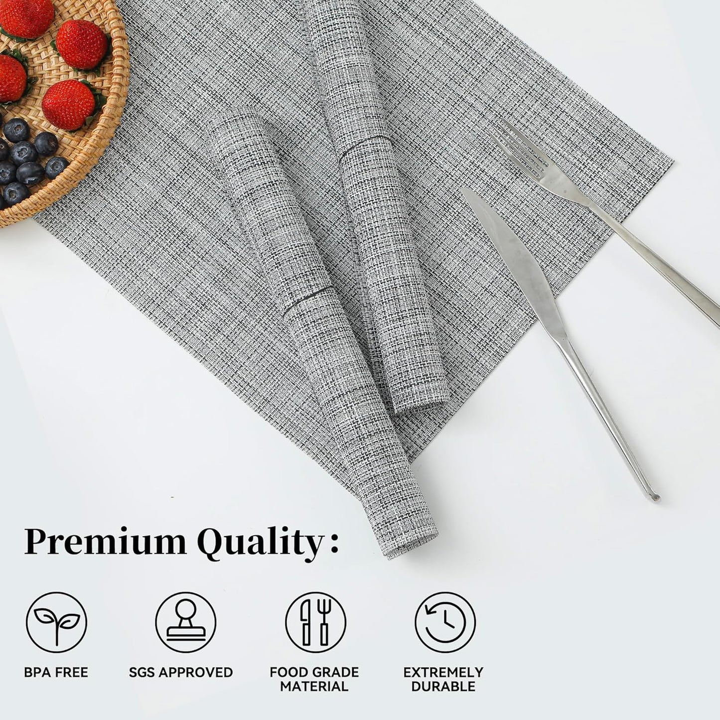 Leetaltree Linen Grey Placemats Set of 12 - Heat Resistant Non-Slip Place mats for Dining Table, Washable Durable PVC Vinyl Woven Table Mats（Linen Grey, 12）