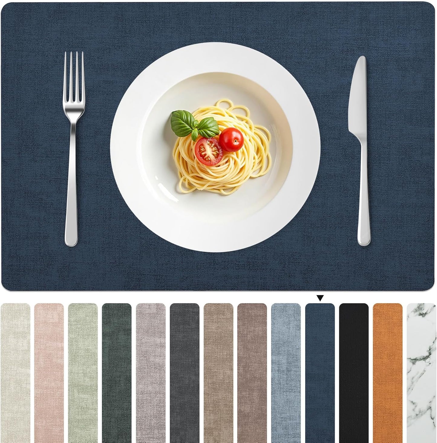 FROMHEART Faux Leather Placemats Set of 12–Waterproof,Heat/Oil Stain-Resistant PU Table Mat–Reversible,Non-Slip,Easy to Clean Place Mats for Kitchen,Dining,Indoor/Outdoor,(Dark Blue,11.8" x 17")