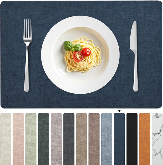 FROMHEART Faux Leather Placemats Set of 8–Waterproof,Heat/Oil Stain-Resistant PU Table Mat–Reversible,Non-Slip,Easy to Clean Place Mats for Kitchen,Dining,Indoor/Outdoor,(Dark Blue,11.8" x 17")