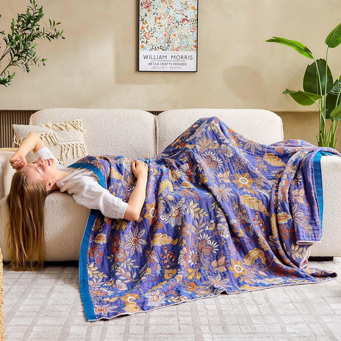 Boho Blanket, 100% Cotton Farmhouse Decorative Throw Blanket, 90"x98" Reversible Bohemian Throw Blanket, Purple All Season Muslin Breathable Woven Blankets Quilt
