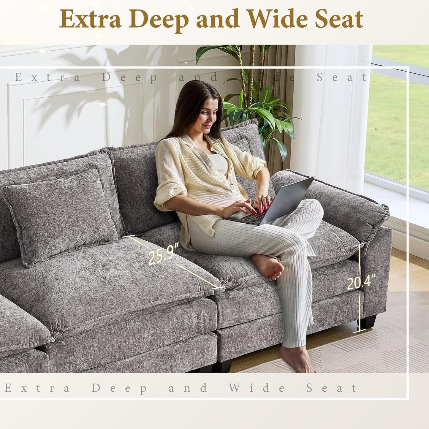 URRED Modular Sectional Sofa Comfy Cloud Couch, Modern Chenille Sofa Sleeper Deep Seat Couches with Ottoman/Pillows for Living Room (Gray, 154'' - U Shape)