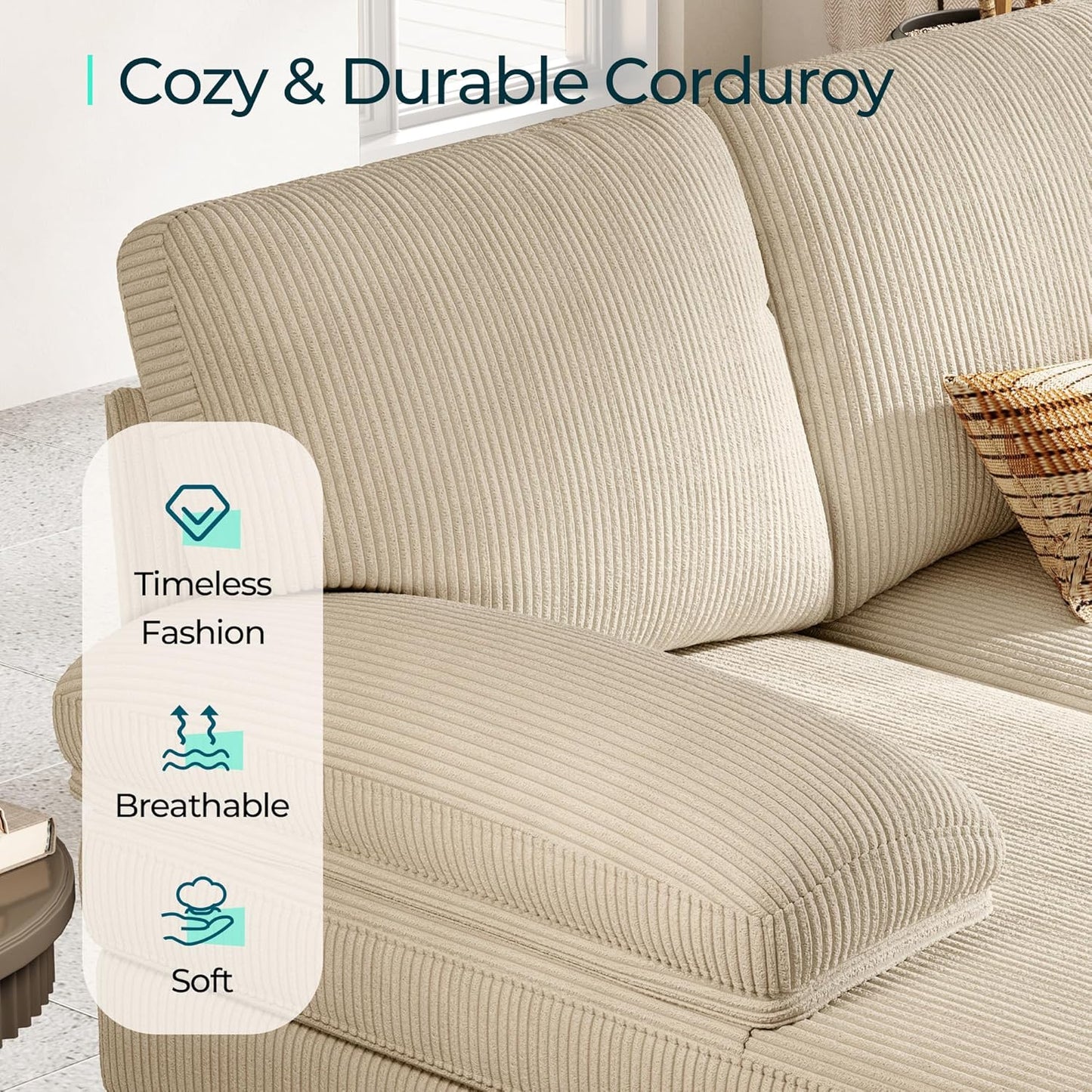 LINSY HOME Sectional Couch, 111'' W Corduroy U Shaped Sofa with Sleepable Armrests, 4 Seat Couch with Double Chaises, Deep Seat Sofa for Living Room, Beige