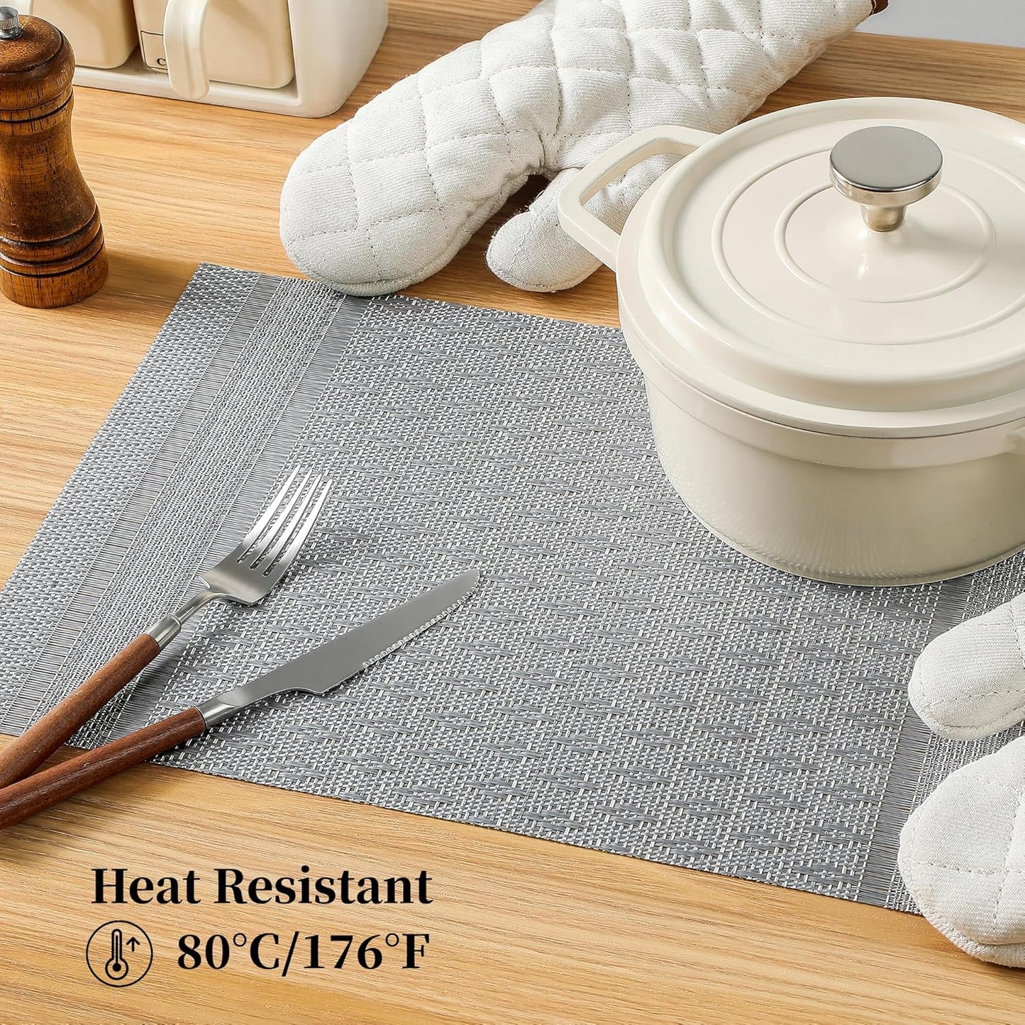 Leetaltree Lunar Grey Placemats Set of 6 - Heat Resistant Non-Slip Place mats for Dining Table, Washable Durable PVC Vinyl Woven Table Mats（Lunar Grey, 6）