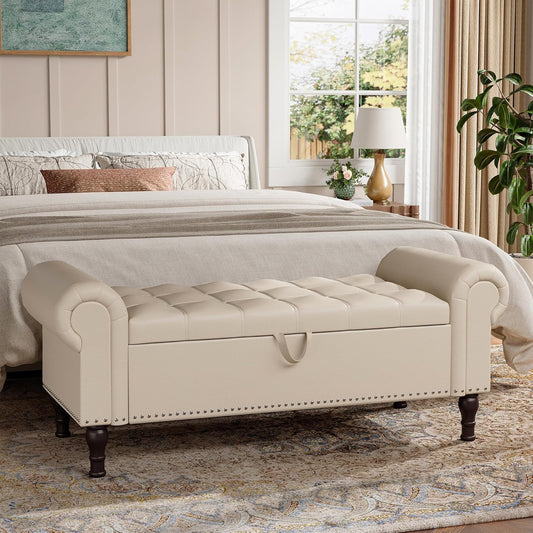 51" Storage Ottoman Bench for Bedroom, Full Queen Storage Bench with Button, Upholstered Bedroom Bench with Rolled Arms for Living Room, Storage Room, Entryway, Beige+Brown Legs