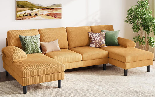 LINSY HOME Sectional Couch, 111'' W Corduroy U Shaped Sofa with Sleepable Armrests, 4 Seat Couch with Double Chaises, Deep Seat Sofa for Living Room, Yellow