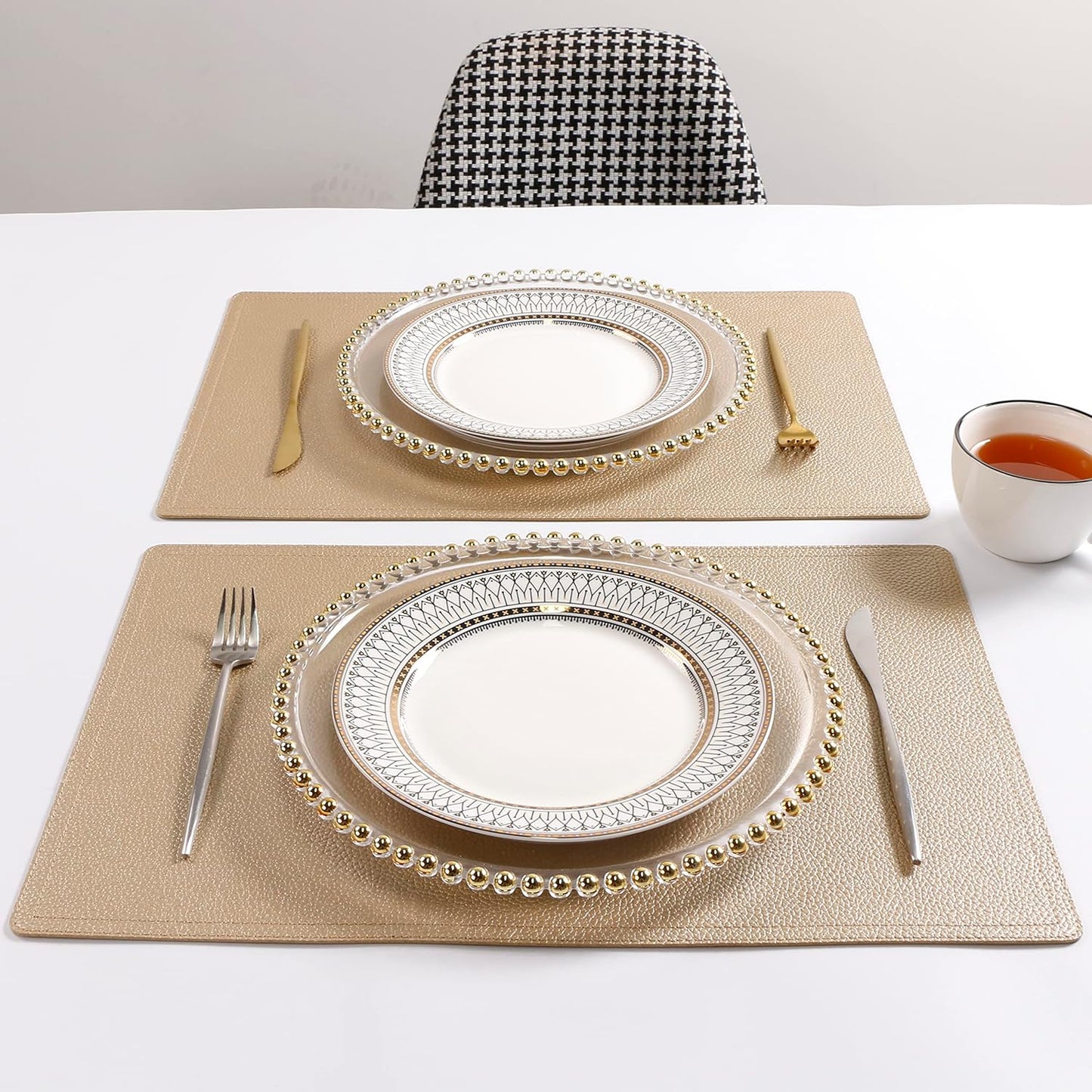 Set of 6 Faux Leather Placemats, PU Table Mats, Waterproof, Stain Resistant, Heat Resistant, Easy to Clean for Kitchen Dining Table,Conference Table C Gold Rectangle