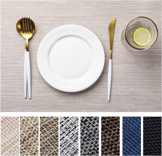 LEXMORE Placemats Set of 6 Vinyl/Plastic Woven Place Mats for Kitchen Table Indoor/Outdoor Washable Placemat Wipeable Dining Table Mats(Beige)