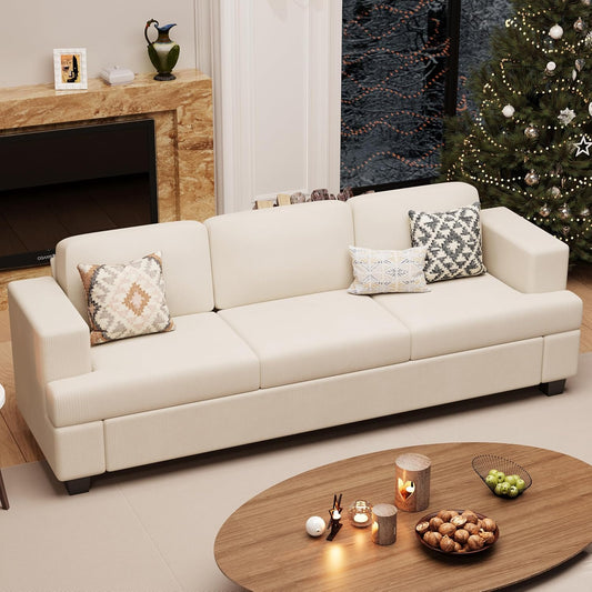 89" White Corduroy Sofa for Living Room, 3 Seater Cloud Couch, Deep Seat Floor Couch for Bedroom, Futon Modern Sofa Bed, White Corduroy
