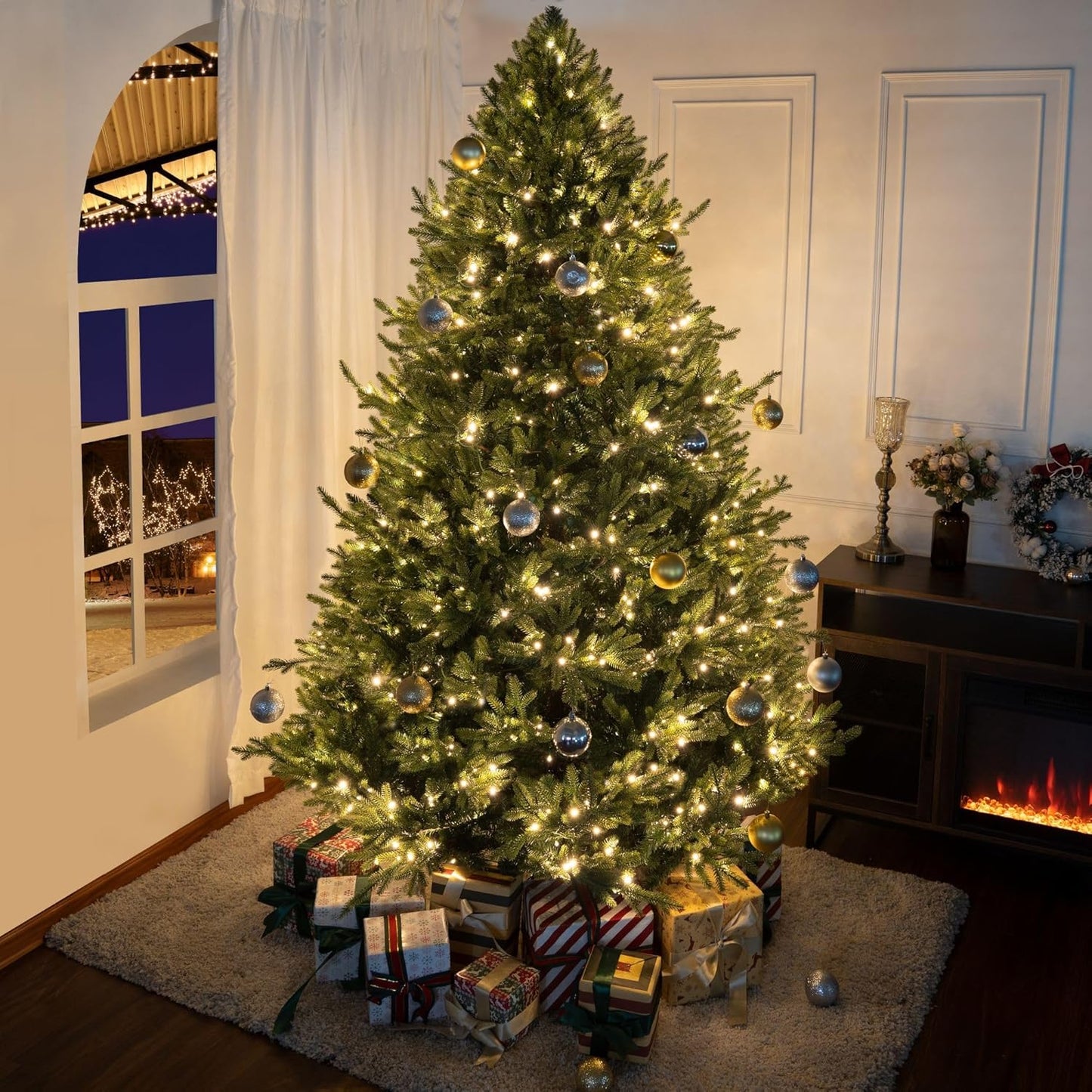 Kinsley 7.5ft Prelit Aritificial Christmas Tree with 4130 Branch Tips, 600 Warm Lights and Metal Stand, 59" Wide Realistic Traditional Christmas Tree with Lights by Naomi Home