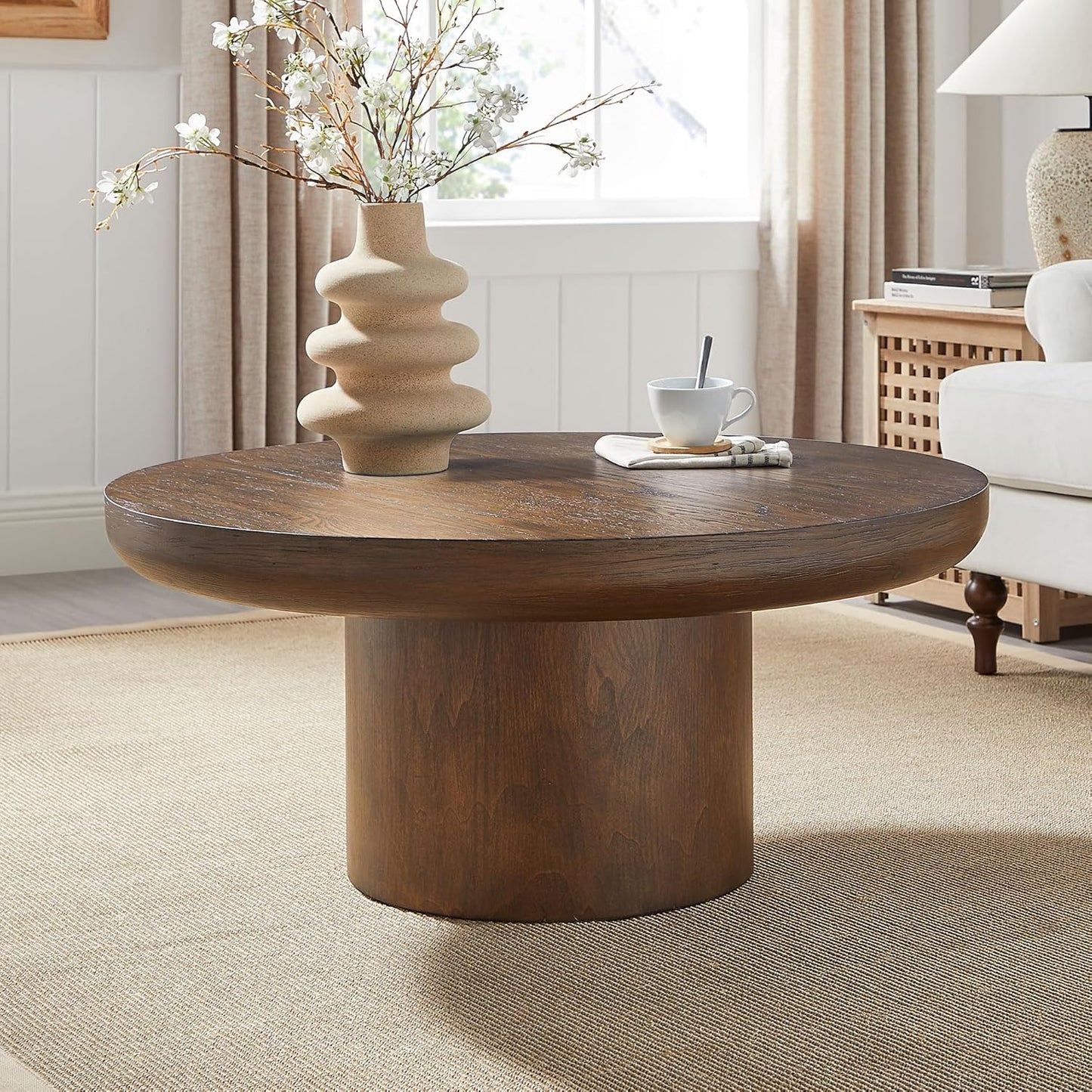 WILLIAMSPACE 35.98" Round Coffee Table with Cylindrical Base, Modern Wood Drum Center Table, Accent Side End Table for Living Room Apartment, φ35.98"*15.98"H (Dark Brown)