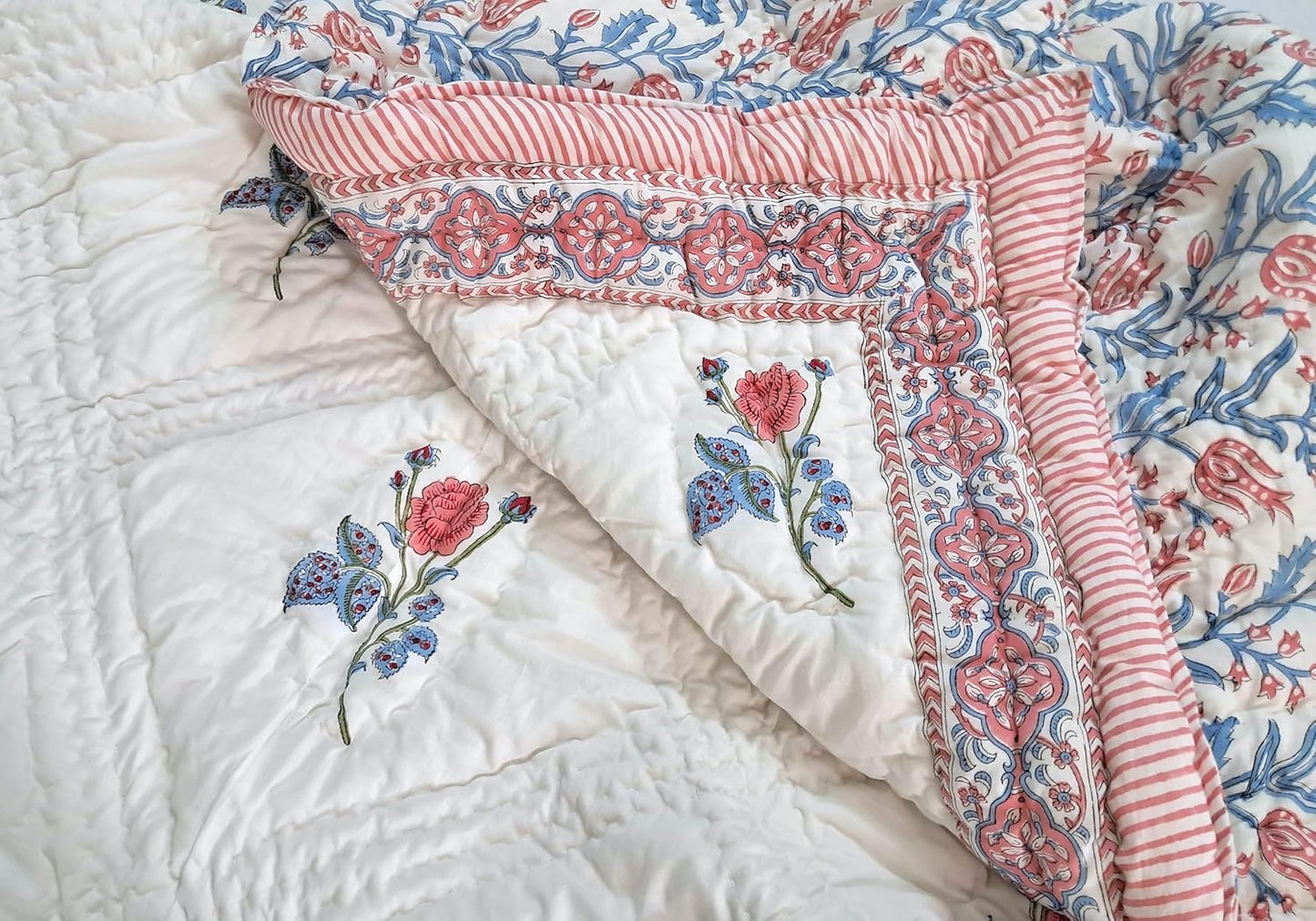Queen Size Rose Pink Cotton Throw Blanket – Hand Block Printed 90x108 Bedspread – Lightweight Soft Quilt for Sofa, Couch, or Bed – Cozy All-Season Boho Blanket