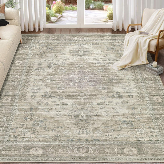 Washable Area Rugs for Living Room -8x10 Neutral Vintage Distressed Floral Farmhouse Boho Large Soft Floor Rug Indoor Non Slip Carpet for Living Room Bedroom Dining Room Office - Brown/Tan