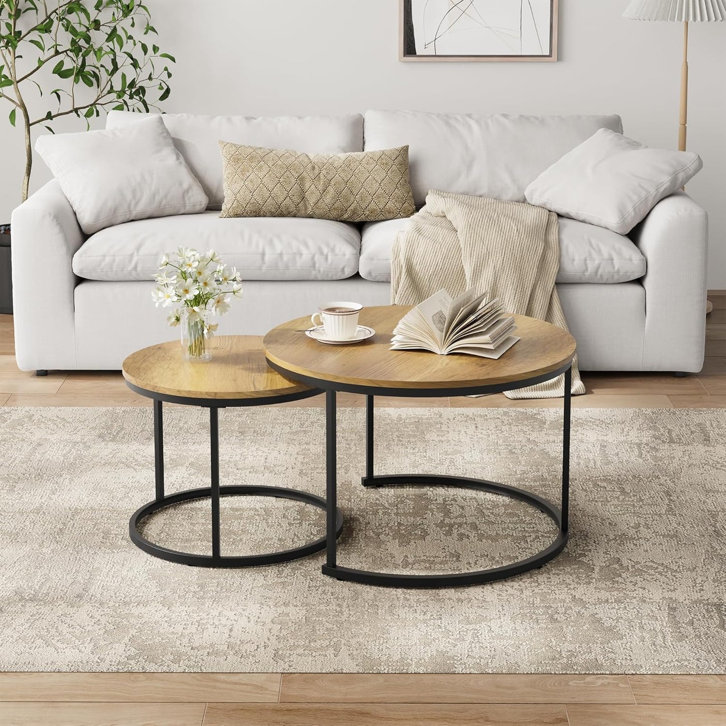 Smuxee Nesting Coffee Table Set of 2, 27.6" Round Coffee Table Wood Grain Top with Adjustable Non-Slip Feet, Industrial End Table Side Tables for Living Room Bedroom Balcony Yard