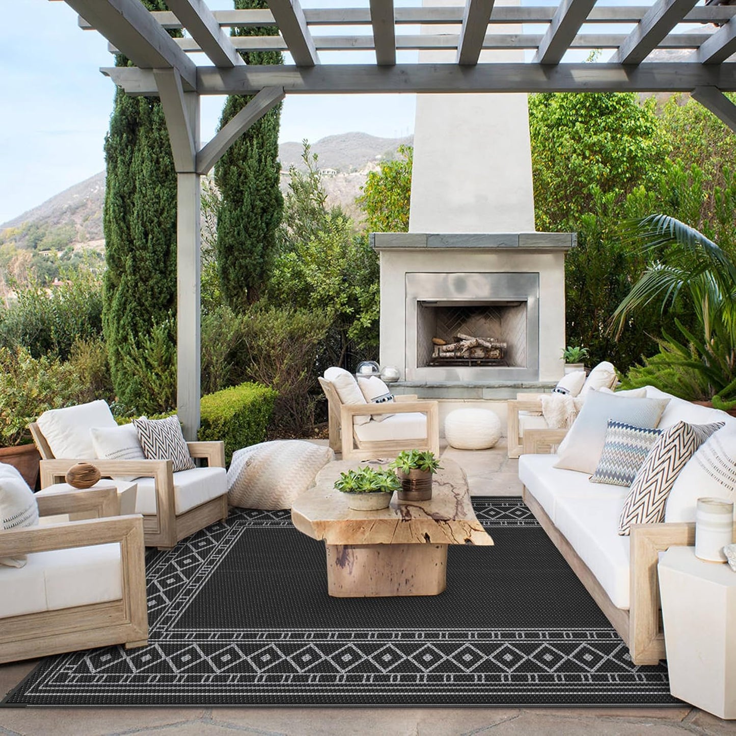 GENIMO Outdoor Rug 5'x8' Waterproof for Patio Decor, Reversible Outdoor Plastic Straw Rug Carpet, Camping Mats for Outdoor, RV, Backyard, Deck, Balcony, Picnic, Black & Grey