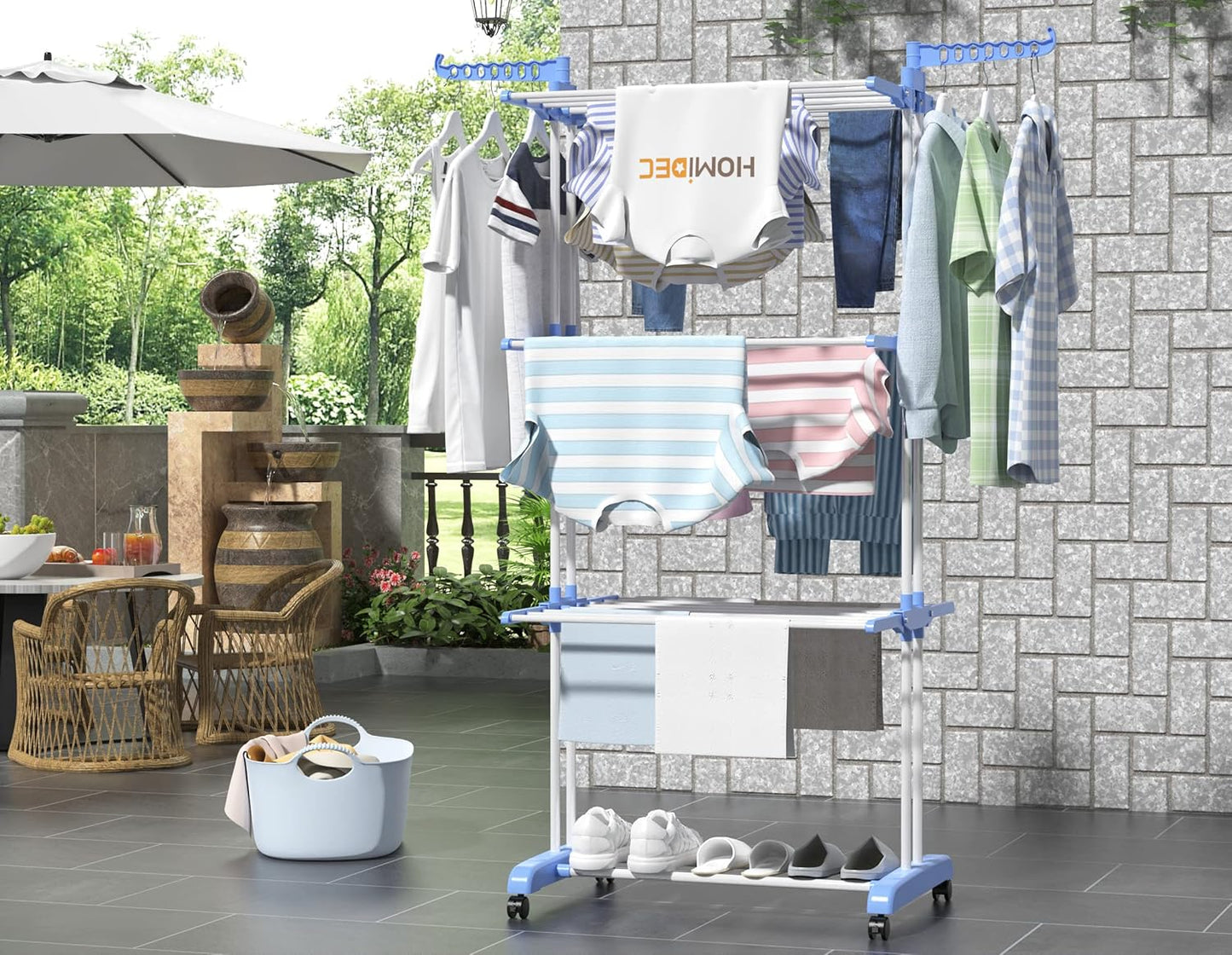 HOMIDEC Clothes Drying Rack, Large 4-Tier Foldable Drying Rack Clothing(67.7H x 19.7W x 30L Inches), Movable Drying Rack with 4 castors. Multifunctional Stainless Steel Laundry Drying Rack, Blue