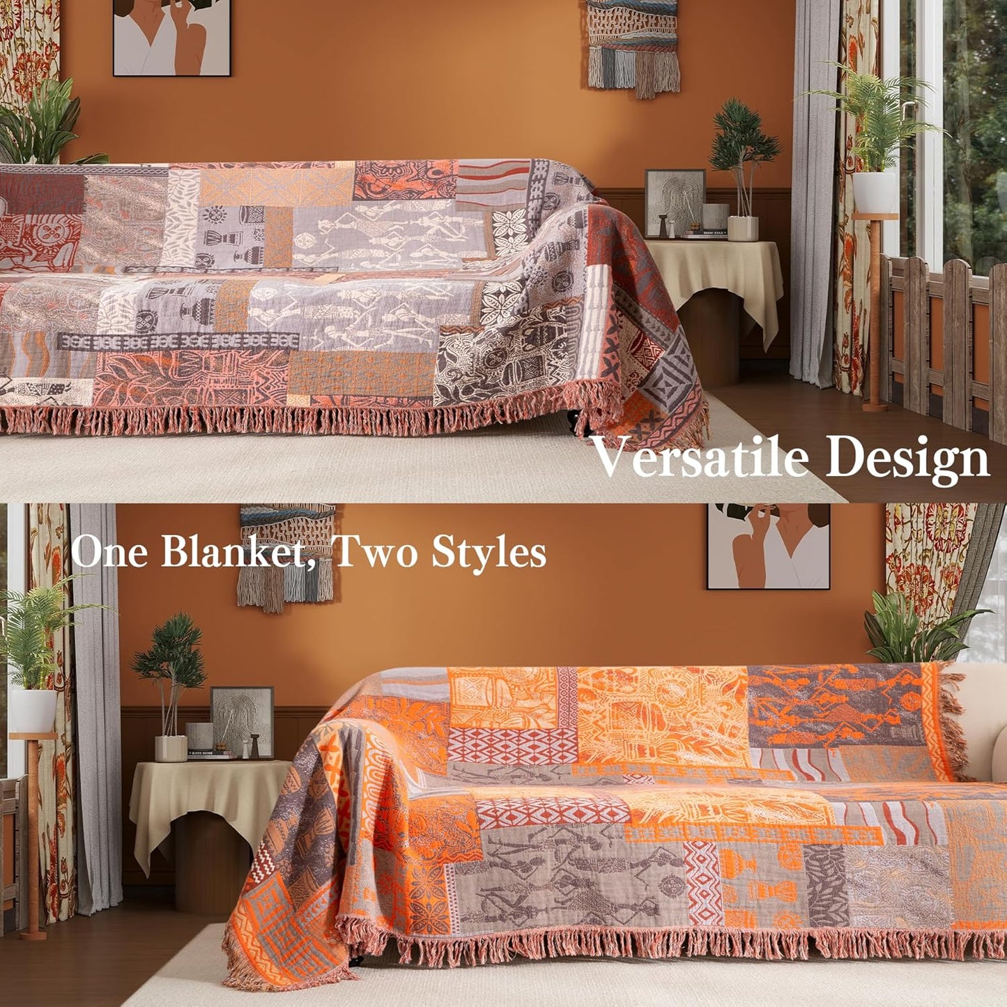 Boho Throw Blanket Twin Size, Soft Cozy Cotton Muslin Quilt Blanket for Bed Decor, Patchwork Block Couch Sofa Chair Cover, Vintage Farmhouse Cottage Tapestry Woven Blanket, Red&Orange