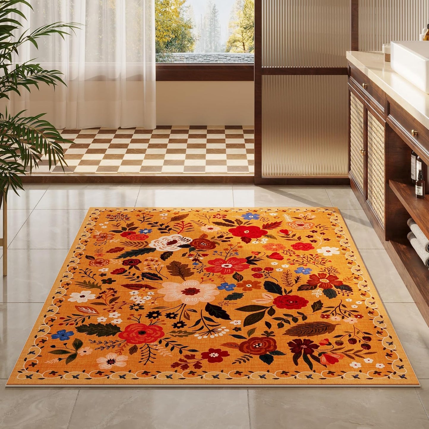 Bedroom Rug 3x5 Rug Washable Area Rug Non Slip Low Pile Boho Floral Small Carpet for Bedroom, Bedside, Kitchen, Entryway, Kids Room, Office, College Dorm Essentials for Girls(Yellow)