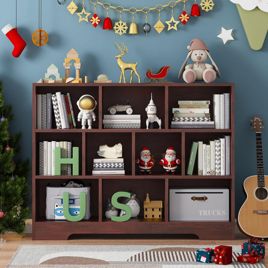 Book Shelf, 10 Cubes Storage Organizer, 3-Tier Open Shelf Wooden Bookcase, Freestanding Cherry Bookshelf Cube Shelf for Bedroom, Living Room, Home Office