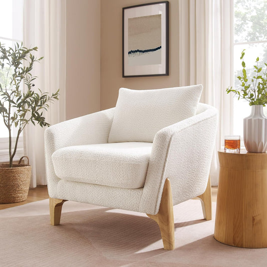 Accent Chair 31" Oversized Reading Chair Comfy Upholstered Boucle Lounge Armchair, Modern Living Room Chair with Back Pillow,Single Sofa Chair for Bedroom, Office (Beige)