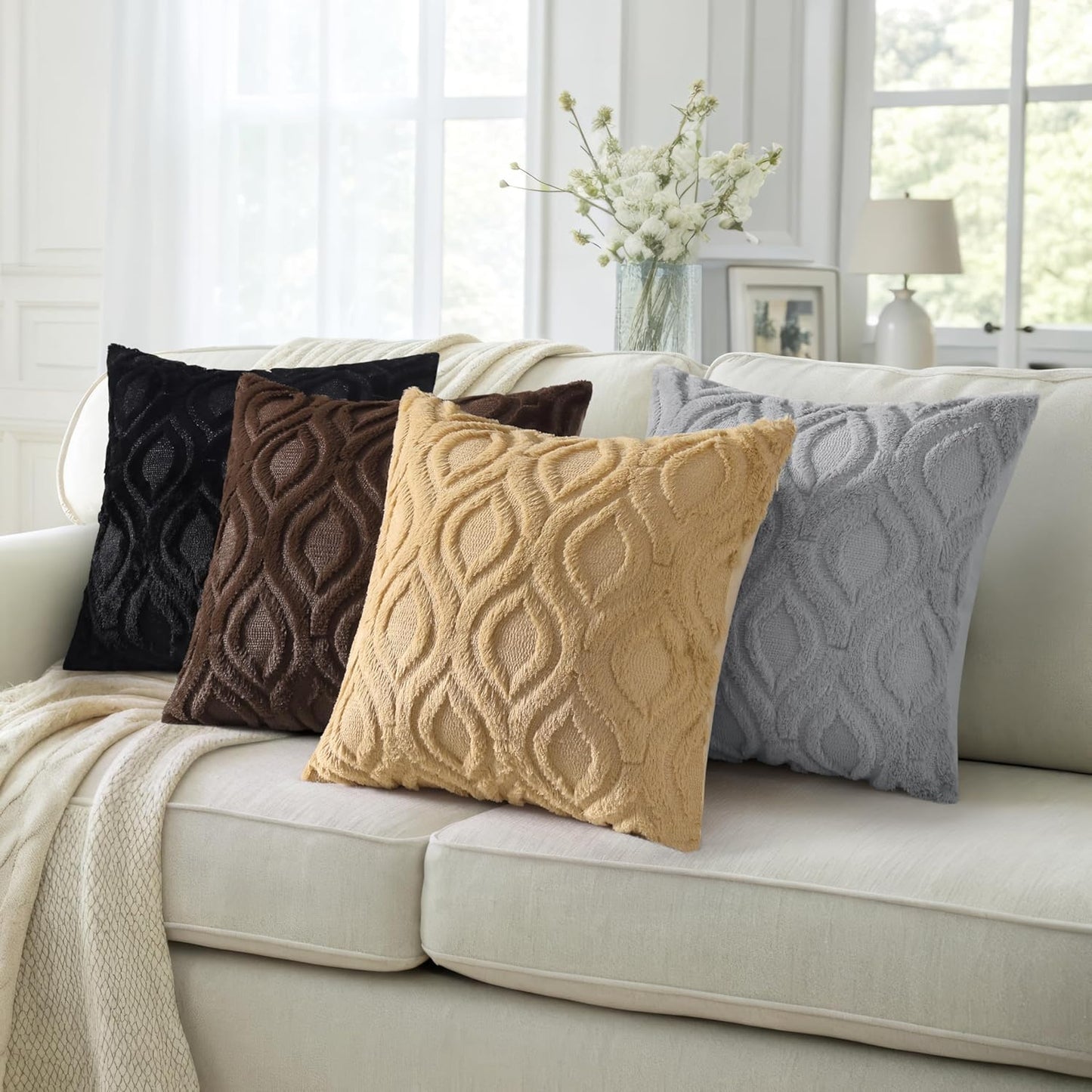 decorUhome Fall Throw Pillow Covers 18x18 Inch Set of 2, Soft Plush Decorative Faux Fur Grey Solid Couch Pillow Covers, Accent Farmhouse Neutral Square Euro Pillow Cases for Sofa Bed Living Room