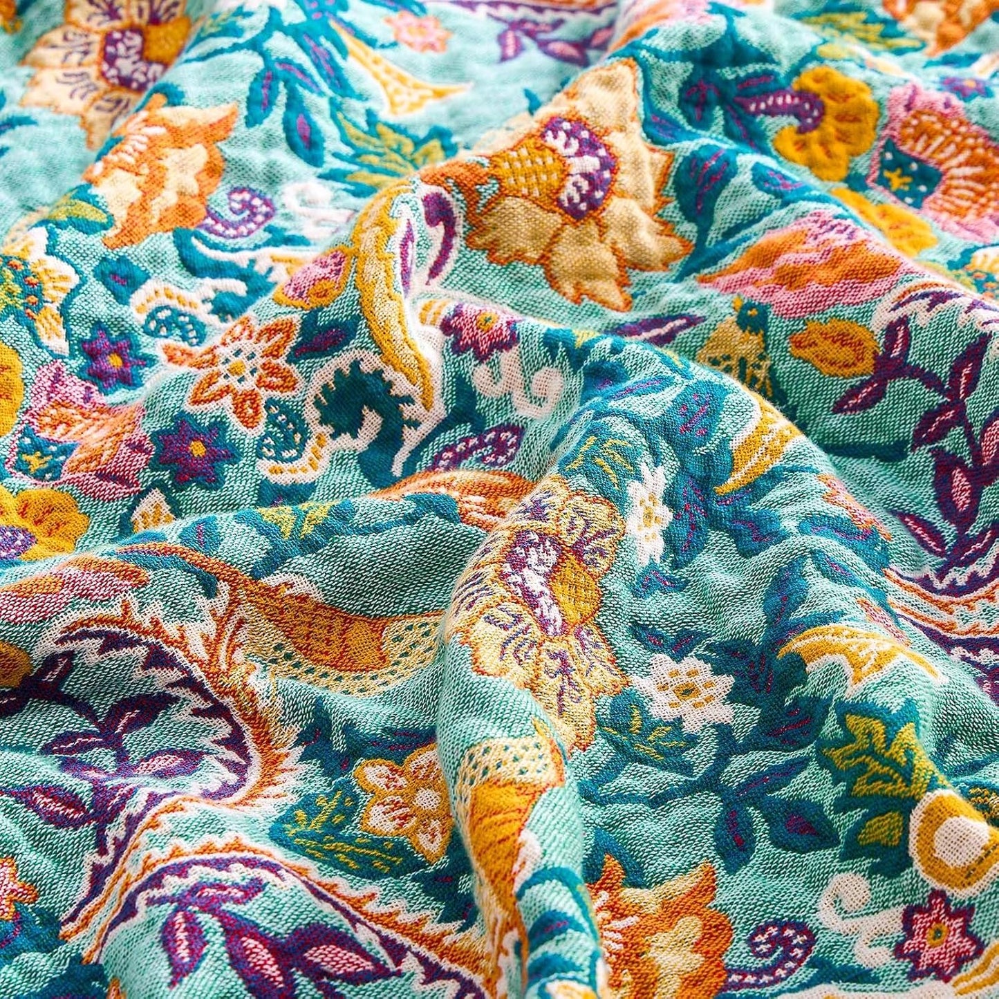 Boho Blanket Throw Quilt, 100% Cotton Soft Light Weight Throw Blankets for Summer, 90"x98" Farmhouse Flower Decorative Blankets, All Season Rustic Reversible Bohemian Throw Quilt