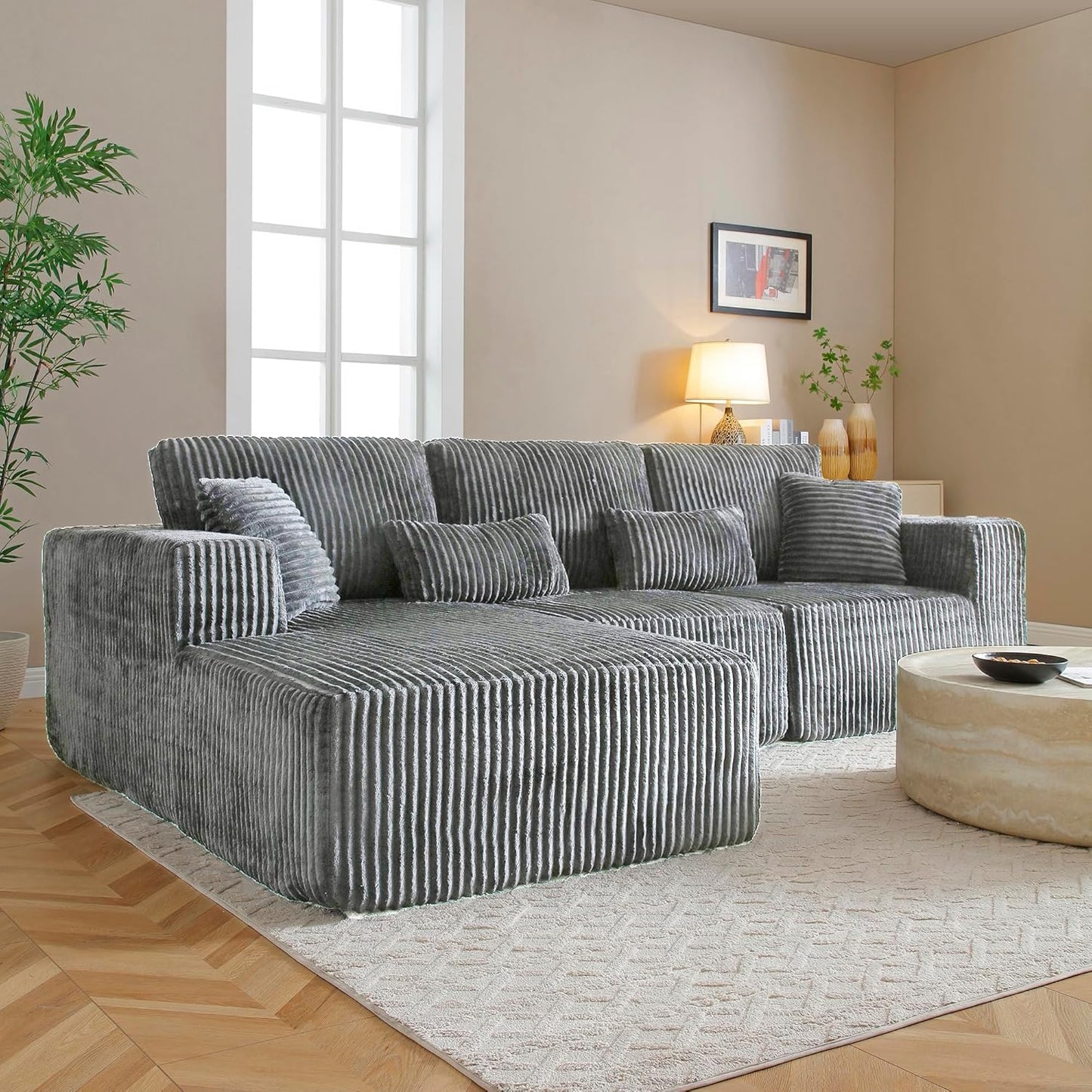 HYJT-H&K Modular Sectional Sofa Cloud Sectional Couch, 107" Comfy Fluffy L Shaped Dark Grey Couches for Living Room, Deep Seat Memory Foam Plush Corduroy Boneless Couch Sectionals Left Facing Chaise