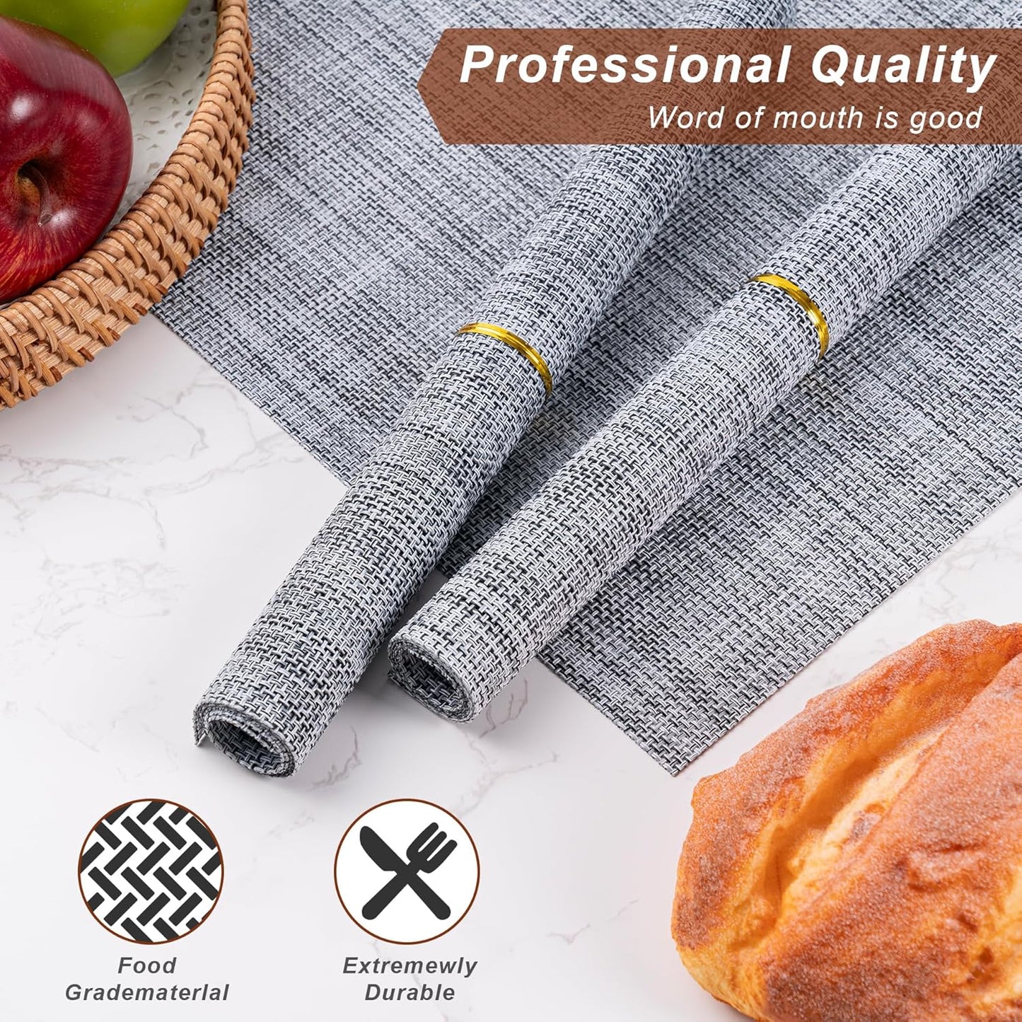 Placemats Set of 6 Washable Indoor/Outdoor Vinyl Place Mats for Dining Table Durable Non-Slip Heat Resistant PVC Weave Table Mats(Brown Black)